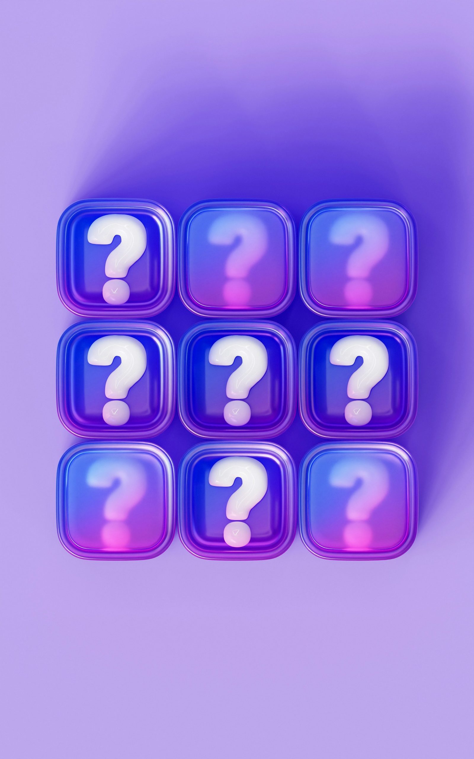 A purple background with nine boxes in a 3 by 3 matrix with question marks in each one