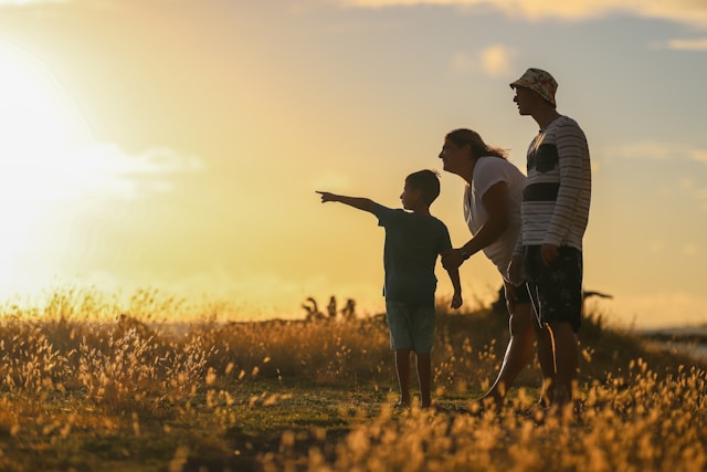 Mother, father and son in a field with the son behind them. The son is pointing at something in the distance while the mother bends down to him.